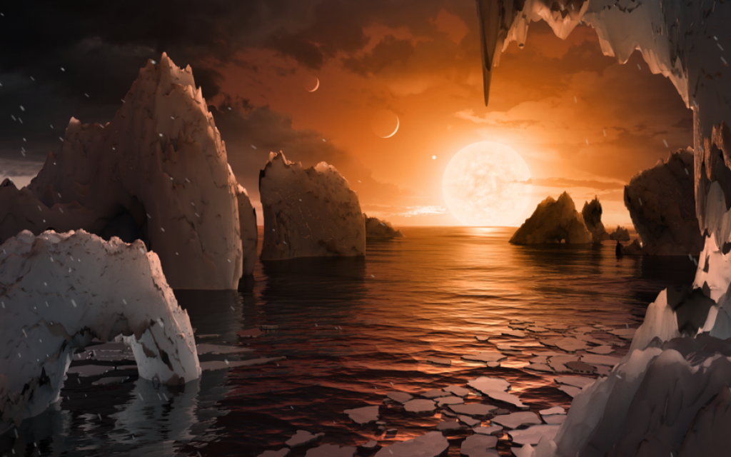 This illustration shows the possible surface of TRAPPIST-1f, one of the newly discovered planets in the TRAPPIST-1 system. (NASA/JPL-Caltech)