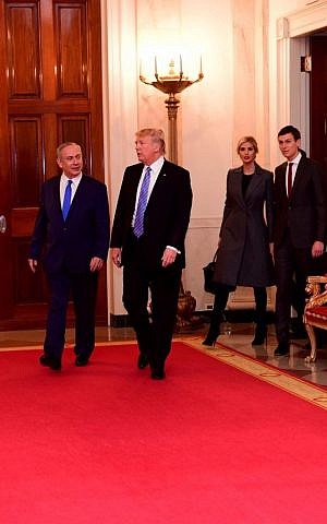 Prime Minister Benjamin Netanyahu and President Donald Trump walk in the White House on February 15, 2017, followed by Jared Kushner and Ivanka Trump (Shmulik Armoni) Prime Minister Benjamin Netanyahu and President Donald Trump walk in the White House on February 15, 2017, followed by Jared Kushner and Ivanka Trump (Shmulik Armoni)
