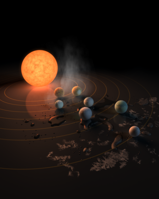 The TRAPPIST-1 star, an ultra-cool dwarf, has seven Earth-size planets orbiting it. This artist's concept appeared on the cover of the journal Nature on Feb. 23, 2017. (Credits: NASA/JPL-Caltech) The TRAPPIST-1 star, an ultra-cool dwarf, has seven Earth-size planets orbiting it. This artist's concept appeared on the cover of the journal Nature on Feb. 23, 2017. (Credits: NASA/JPL-Caltech)