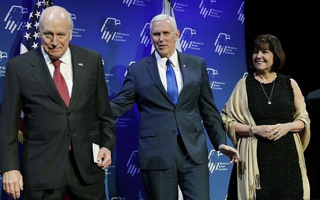 Vice President Mike Pence, center, takes the stage with his wife Karen Pence, right, after they were introduced by former Vice President Dick Cheney, left, at the Republican Jewish Coalition annual leadership meeting, Friday, Feb. 24, 2017, in Las Vegas. (AP Photo/John Locher) Vice President Mike Pence, center, takes the stage with his wife Karen Pence, right, after they were introduced by former Vice President Dick Cheney, left, at the Republican Jewish Coalition annual leadership meeting, Friday, Feb. 24, 2017, in Las Vegas. (AP Photo/John Locher)
