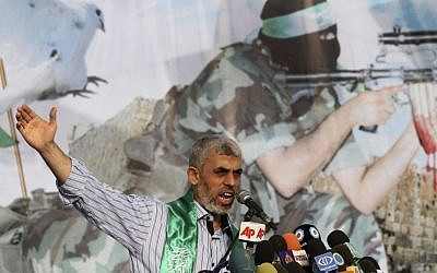 Senior Hamas leader Yahya Sanwar talks during a rally in Khan Younis, southern Gaza Strip, Friday, October 21, 2011(AP Photo/Hatem Moussa)