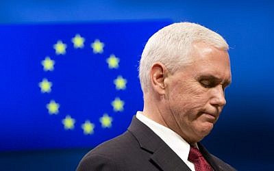 United States Vice President Mike Pence pauses before speaking during a media conference at the EU Council building in Brussels on Monday, Feb. 20, 2017. Photo/Virginia Mayo, Pool)