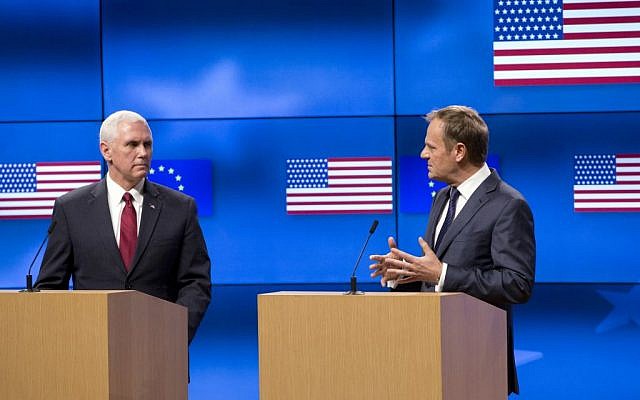 United States Vice President Mike Pence, left, and European Council President Donald Tusk address a media conference at the EU Council building in Brussels on Monday, Feb. 20, 2017. (AP Photo/Virginia Mayo, Pool) United States Vice President Mike Pence, left, and European Council President Donald Tusk address a media conference at the EU Council building in Brussels on Monday, Feb. 20, 2017. (AP Photo/Virginia Mayo, Pool)