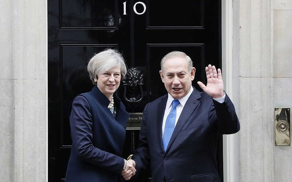 Britain's Prime Minister Theresa May greets Prime Minister Benjamin Netanyahu at 10 Downing Street in London, February 6, 2017. (AP/Kirsty Wigglesworth) Britain's Prime Minister Theresa May greets Prime Minister Benjamin Netanyahu at 10 Downing Street in London, February 6, 2017. (AP/Kirsty Wigglesworth)