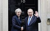 Britain's Prime Minister Theresa May greets Prime Minister Benjamin Netanyahu at 10 Downing Street in London, February 6, 2017. (AP/Kirsty Wigglesworth)