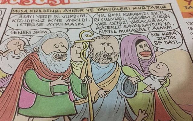 A picture of a page from the magazine Girgir featuring a cartoon showing Moses which was deemed offensive. (Courtesy Tweeter Ibrahim Kalin) A picture of a page from the magazine Girgir featuring a cartoon showing Moses which was deemed offensive. (Courtesy Tweeter Ibrahim Kalin)
