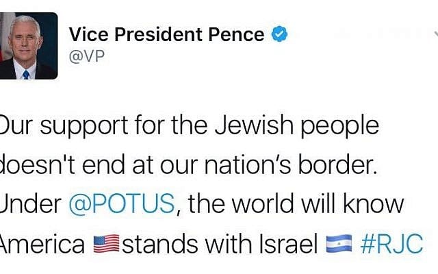A tweet by US Vice President Mike Pence accidentally confusing Israel's national flag with that of Nicaragua. (Screen capture: Twitter)
