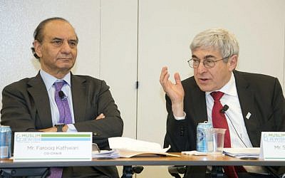 Farooq Kathwari, (l) and Stanley Bergman, (R) co-chairing a meeting of the Muslim Jewish Advisory Council on Capitol Hill, Feb. 2, 2017. (Ronald Sachs/ via JTA)
