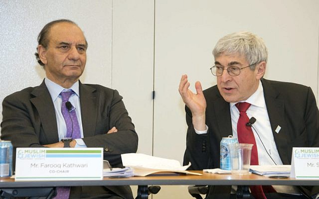 Farooq Kathwari, (l) and Stanley Bergman, (R) co-chairing a meeting of the Muslim Jewish Advisory Council on Capitol Hill, Feb. 2, 2017. (Ronald Sachs/ via JTA) Farooq Kathwari, (l) and Stanley Bergman, (R) co-chairing a meeting of the Muslim Jewish Advisory Council on Capitol Hill, Feb. 2, 2017. (Ronald Sachs/ via JTA)