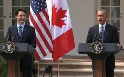 Canadian Prime Minister Justin Trudeau (L) & former US President Barack Obama (R) in the White House Rose Garden for a press conference on March 10, 2016. (Screen capture/YouTube)