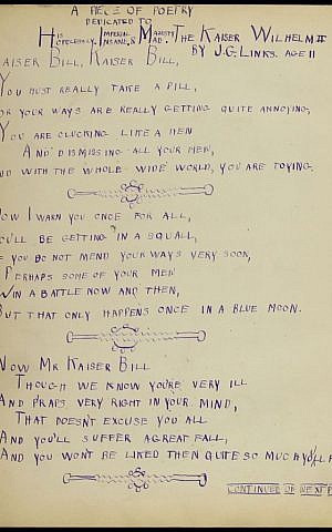 A poem, possibly by historian Joseph Gluckstein Links, from London's Liberal Jewish Synagogue's WWI-era archive of children's artwork, digitized and uploaded to the We Were There Too website. (Courtesy LSJ/WWTT)