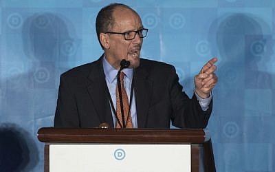 Former US labor secretary Tom Perez, winning candidate to chair the Democratic National Committee, speaks during the general session of the DNC winter meeting in Atlanta, February 25, 2017. (AP Photo/Branden Camp)