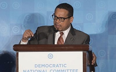 Rep. Keith Ellison, D-Minn, unsuccessful candidate to run the Democratic National Committee, speaks during the general session of the DNC winter meeting in Atlanta, Saturday, Feb. 25, 2017. (AP Photo/Branden Camp)