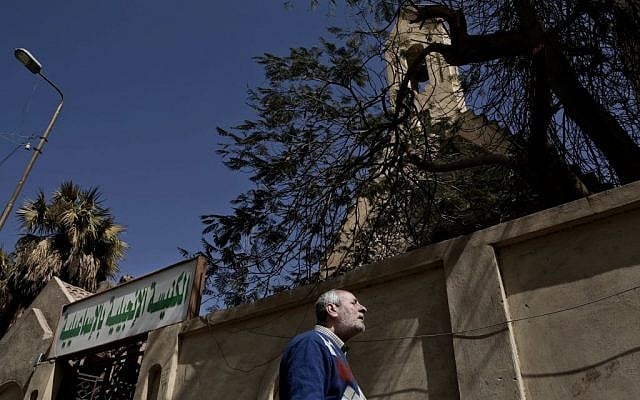 A Christian man who fled el-Arish stands outside the Evangelical Church in Ismailia, 120 kilometers (75 miles) east of Cairo, Egypt, Sunday, February 26, 2017. (AP/Nariman El-Mofty)