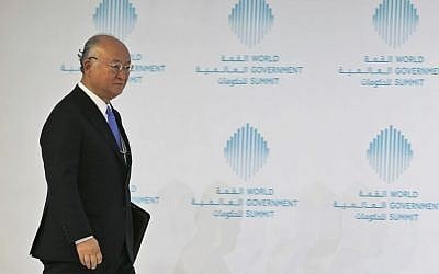 Director General of the International Atomic Energy Agency Yukiya Amano arrives for a panel discussion during the last day of the World Government Summit, in Dubai, United Arab Emirates, February 14, 2017. (AP/Kamran Jebreili)