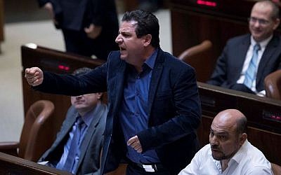 Joint (Arab) List party chairman Ayman Odeh reacts during a plenum session in the assembly hall of the Knesset on January 25, 2017. (Yonatan Sindel/Flash90) Joint (Arab) List party chairman Ayman Odeh reacts during a plenum session in the assembly hall of the Knesset on January 25, 2017. (Yonatan Sindel/Flash90)