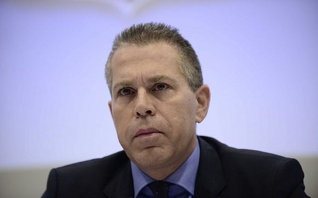 Public Security Minister Gilad Erdan attends a press conference in Tel Aviv, January 26, 2017. (Tomer Neuberg/Flash90) Public Security Minister Gilad Erdan attends a press conference in Tel Aviv, January 26, 2017. (Tomer Neuberg/Flash90)