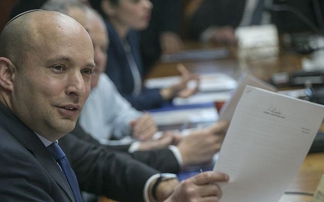 Education Minister Naftali Bennett attends the weekly cabinet meeting at the Prime Minister's Office in Jerusalem on January 29, 2017. (Ohad Zwigenberg/POOL) Education Minister Naftali Bennett attends the weekly cabinet meeting at the Prime Minister's Office in Jerusalem on January 29, 2017. (Ohad Zwigenberg/POOL)