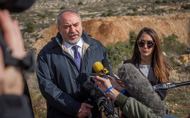Defense Minister Avigdor Liberman speaks to the press during a visit to the West Bank settlement of Ariel on February 1, 2017. (Flash90) Defense Minister Avigdor Liberman speaks to the press during a visit to the West Bank settlement of Ariel on February 1, 2017. (Flash90)