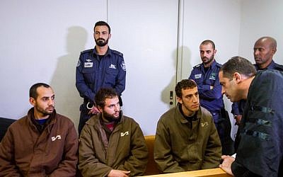 Three men suspected of involvement in a Hamas terror cell appearing in Haifa court on February 6, 2017. (Flash90)