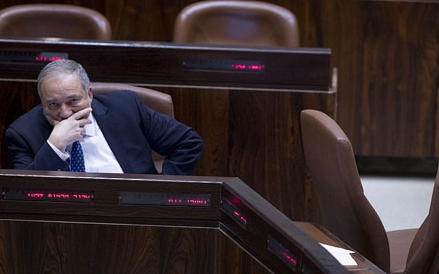 Defense Minister Avigdor Liberman seen in the Knesset, in Jerusalem, February 6, 2017. (Yonatan Sindel/Flash90) 