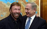 Prime Minister Benjamin Netanyahu meets with American actor Chuck Norris, at the Prime Minister's Office in Jerusalem on February 08, 2017. (Haim Zach/GPO)
