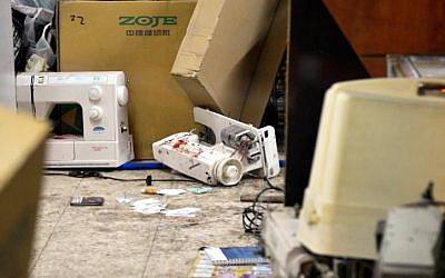 A sewing machine reportedly used to take down a suspected terrorist who hurt at least five people in a shooting and stabbing attack in the central Israeli city of Petah Tikva on February 9, 2017. (Flash90)