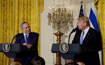 Prime Minister Benjamin Netanyahu and US President Donald Trump seen during a joint press conference at the White House in Washington, D.C. wher they discussed curbing the Iran nuclear threat on February 15, 2017. (Avi Ohayon/Flash90)