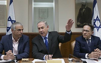 Benjamin Netanyahu, center, at the weekly cabinet meeting in Jerusalem on February 19, 2017. (Olivier Fitoussi/POOL) Benjamin Netanyahu, center, at the weekly cabinet meeting in Jerusalem on February 19, 2017. (Olivier Fitoussi/POOL)