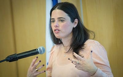 Justice Minister Ayelet Shaked at the opening of the seminar with the European Union discussing tools to deal with prostitution in Israel, at the Yehuda Hotel in Jerusalem, on February 20, 2017. (Hadas Parush/Flash90)