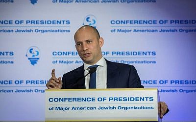 Education Minister Naftali Bennett attends a meeting of the Conference of Presidents of Major American Jewish Organizations, at the Inbal Hotel in Jerusalem, on February 20, 2017. (Yonatan Sindel/Flash90)