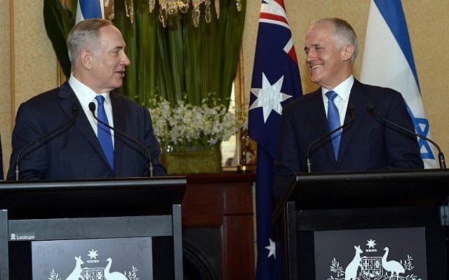Prime Minister Benjamin Netanyahu and Australian Prime Minister Malcolm Turnbull during a joint press conference in Sydney, Australia, on February 22, 2017. (Haim Zach/GPO) Prime Minister Benjamin Netanyahu and Australian Prime Minister Malcolm Turnbull during a joint press conference in Sydney, Australia, on February 22, 2017. (Haim Zach/GPO)