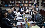 Illustrative: A meeting of the Judicial Selection Committee at the Justice Ministry in Jerusalem on February 22, 2017, with justice minister Ayelet Shaked, chief justice Miriam Naor, finance minister Moshe Kahlon and members of the committee (Yonatan Sindel/Flash90)