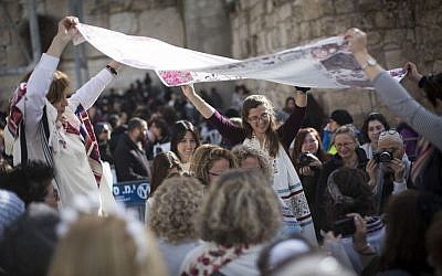 Members of the Women of the Wall movement hold a monthly prayer service at the Western Wall in Jerusalem Old City, February 27, 2017. (Hadas Parush/Flash90)