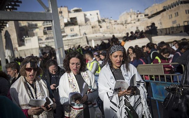 Members of the Women of the Wall movement hold a monthly prayer service at the Western Wall in Jerusalem Old City, February 27, 2017. (Hadas Parush/Flash90)