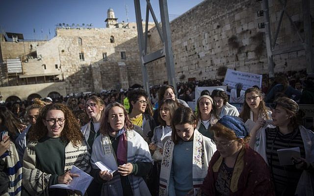 Members of the Women of the Wall movement hold a monthly prayer service at the Western Wall in Jerusalem Old City, February 27, 2017. (Hadas Parush/Flash90)