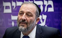 Interior Minister Aryeh Deri attends a press conference during the Shas faction meeting in the Knesset on February 27, 2017. (Yonatan Sindel/Flash90)