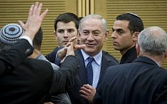 Prime Minister Benjamin Netanyahu arrives at a Likud faction meeting in the Knesset, February 27, 2017. (Yonatan Sindel/Flash90)
