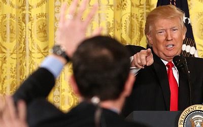 President Donald Trump speaks during a news conference in the East Room at the White House on February 16, 2017 in Washington, DC. (Mark Wilson/Getty Images, via JTA) President Donald Trump speaks during a news conference in the East Room at the White House on February 16, 2017 in Washington, DC. (Mark Wilson/Getty Images, via JTA)