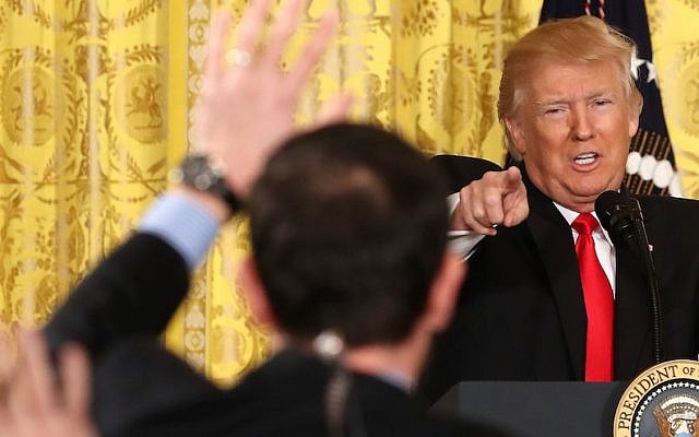 President Donald Trump speaks during a news conference in the East Room at the White House on February 16, 2017 in Washington, DC. (Mark Wilson/Getty Images, via JTA) President Donald Trump speaks during a news conference in the East Room at the White House on February 16, 2017 in Washington, DC. (Mark Wilson/Getty Images, via JTA)