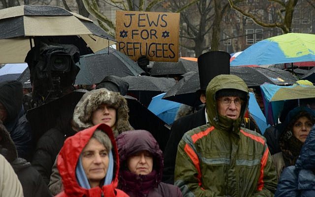 The crowd gathers in sleet and hail for the Jewish Rally for Refugees in Battery Park, New York, on February 12, 2017. (Courtesy HIAS) The crowd gathers in sleet and hail for the Jewish Rally for Refugees in Battery Park, New York, on February 12, 2017. (Courtesy HIAS)