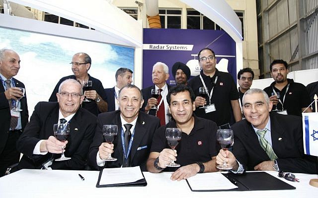 From right to left: Joseph Weiss, president and CEO of IAI, Shaul Shahar, IAI EVP and General Manager of IAI's Military Aircraft Group, Udayant Malhoutra, CEO & Managing Director Dynamatic Technologies Ltd, Eli Alfassi IAI's Executive VP Marketing (Courtesy)