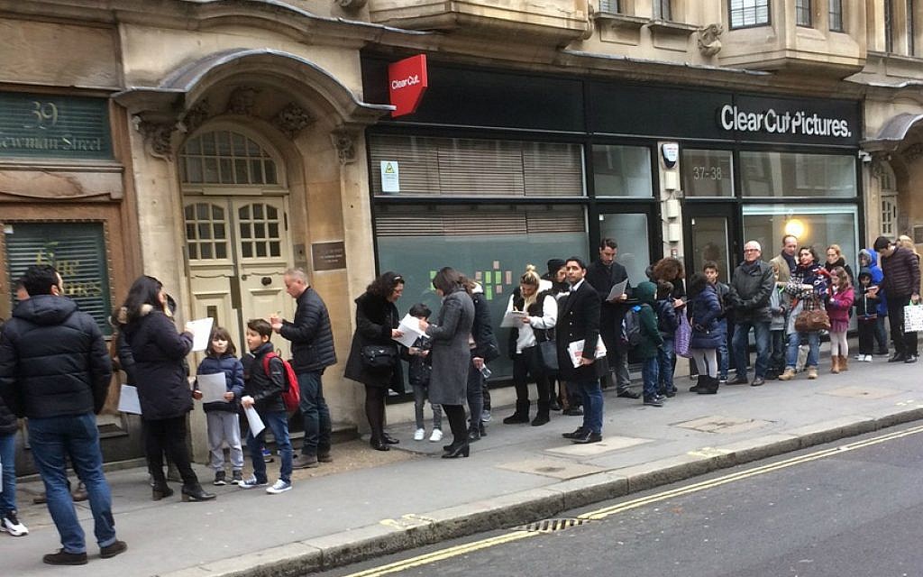 Parents and children lining up in central London to audition for the leading role in Steven Spielberg's latest feature, 'The Kidnapping of Edgardo Mortara.' (Jenni Frazer/Times of Israel)