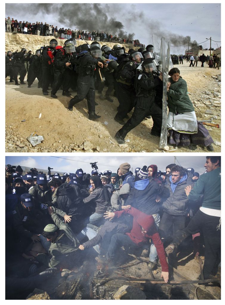 This combination of photos by Oded Balilty shows his Pulitzer Prize winning photograph of Israeli settlers challenging security forces at the West Bank outpost of Amona on Feb. 1, 2006, top, and at bottom Israeli settlers battling eviction from the same outpost exactly eleven years later, on Wednesday, Feb. 1, 2017. (AP Photo/Oded Balilty) This combination of photos by Oded Balilty shows his Pulitzer Prize winning photograph of Israeli settlers challenging security forces at the West Bank outpost of Amona on Feb. 1, 2006, top, and at bottom Israeli settlers battling eviction from the same outpost exactly eleven years later, on Wednesday, Feb. 1, 2017. (AP Photo/Oded Balilty)