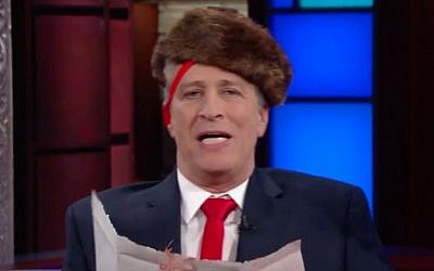 Jon Stewart appearing on the 'Late Show' dressed as US President Donald Trump, January 31, 2017. (screen capture: The Late Show with Stephen Colbert/YouTube)