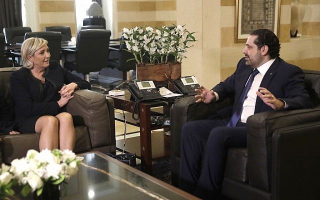 Lebanese prime minister Saad Hariri, right, meets with French far right leader and presidential candidate Marine Le Pen, left, at the government palace, in Beirut, Lebanon, Monday, February 20, 2017. (AP/Hussein Malla)