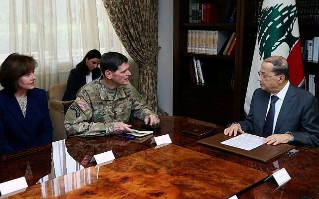 In this photo released by the Lebanese Government, Lebanese President Michel Aoun, right, meets with US Central Command Chief Gen. Joseph Votel, center, and US Ambassador to Lebanon Elizabeth Richard, left, at the Presidential Palace in Baabda, east of Beirut, Lebanon, Sunday, Dec. 18, 2016. (Dalati Nohra/Lebanese Government via AP) In this photo released by the Lebanese Government, Lebanese President Michel Aoun, right, meets with US Central Command Chief Gen. Joseph Votel, center, and US Ambassador to Lebanon Elizabeth Richard, left, at the Presidential Palace in Baabda, east of Beirut, Lebanon, Sunday, Dec. 18, 2016. (Dalati Nohra/Lebanese Government via AP)