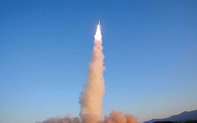 In this Sunday, Feb. 12, 2017, photo distributed on Monday, Feb. 13, 2017, by the North Korean government, 'Pukguksong-2' is launched at an undisclosed location in North Korea. (Korean Central News Agency/Korea News Service via AP)