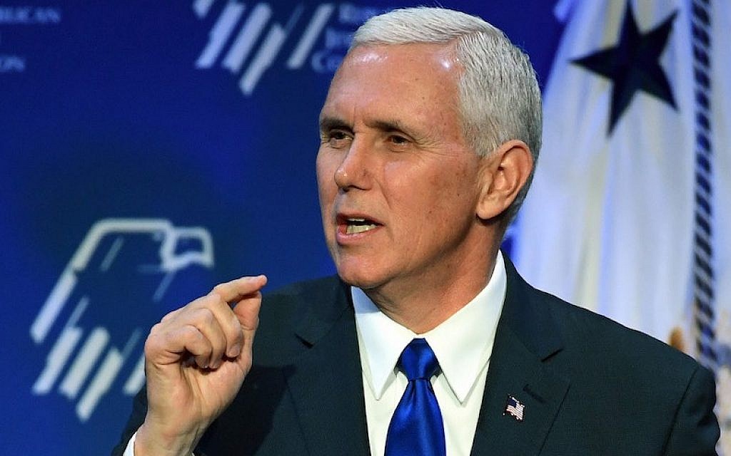 US Vice President Mike Pence speaks during the Republican Jewish Coalition's annual leadership meeting at The Venetian Las Vegas on February 24, 2017 in Las Vegas, Nevada. (Ethan Miller/Getty Images via JTA) US Vice President Mike Pence speaks during the Republican Jewish Coalition's annual leadership meeting at The Venetian Las Vegas on February 24, 2017 in Las Vegas, Nevada. (Ethan Miller/Getty Images via JTA)