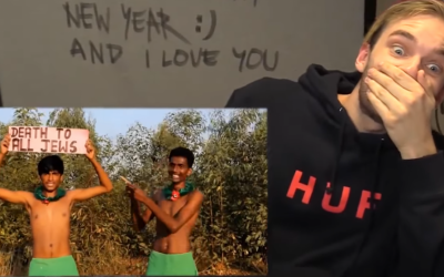 YouTube star PewDiePie reacts to two Indian men fulfilling his $5 request to hold up a sign that read "Death to the Jews" in a January 11, 2017, video.